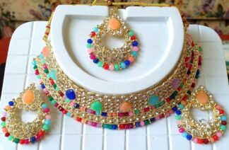 Pearl & Stone Choker Necklace and Earring Set #JEW 189 (Multicoloured)