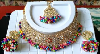 Pearl & Stone Choker Necklace and Earring Set #JEW 190 (Multicoloured)