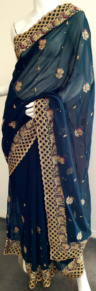 Stonework Georgette Saree #ARU 012 (Charcoal Green)