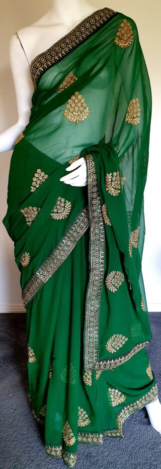 Embroidered Georgette Saree #ARU 014 (Deep Green)