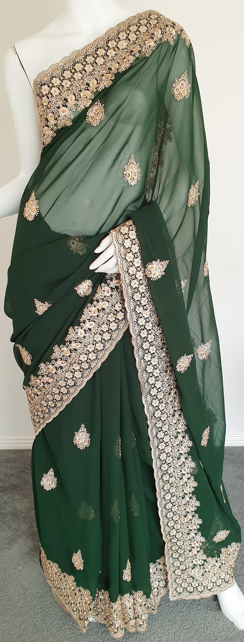 Embroidered Georgette Saree #ARU 019 (Dark Green) - Simply Sarees Melbourne