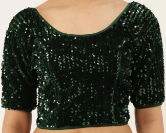 Stretchable Sequinned Velvet Saree Blouse - Deep Green (#BL68)