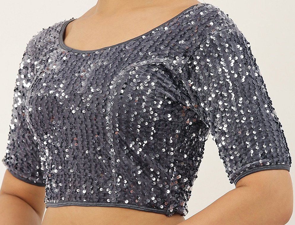 Stretchable Sequinned Velvet Saree Blouse - Grey (#BL70) - Simply ...