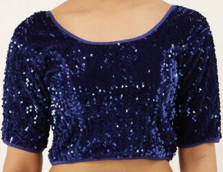 Stretchable Sequinned Velvet Saree Blouse - Navy Blue (#BL72)